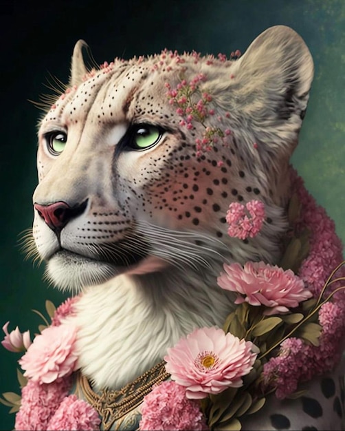 Un leopardo con dei fiori in testa