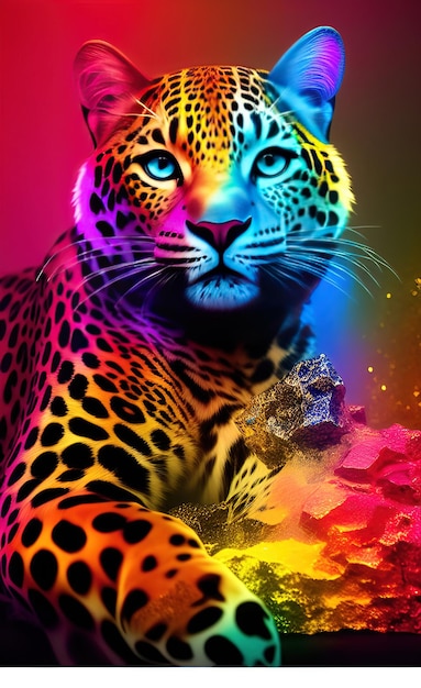 Un leopardo con uno sfondo colorato e uno sfondo colore