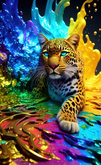 Un leopardo con uno sfondo giallo e uno sfondo blu con uno sfundo giallo.