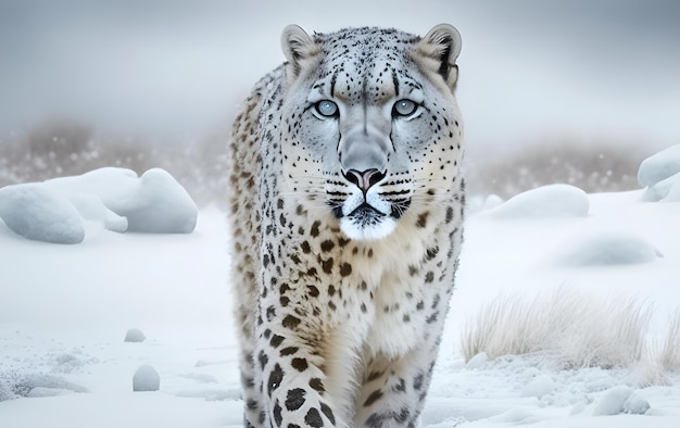 Un leopardo delle nevi cammina nella neve