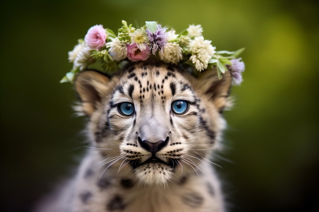 un leopardo delle nevi con una corona di fiori in testa