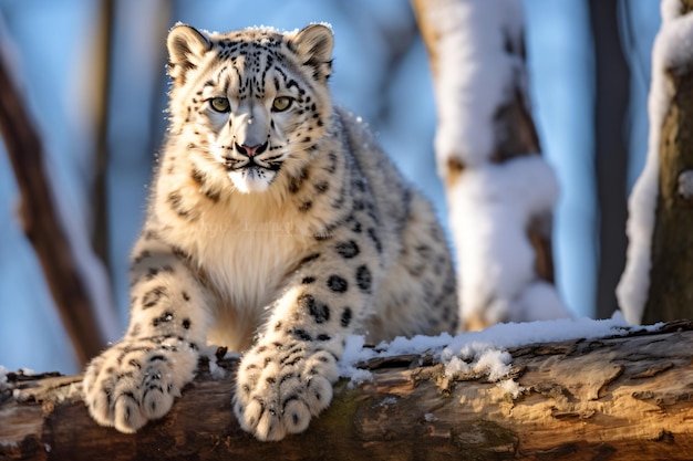 un leopardo delle nevi seduto su un tronco nella neve