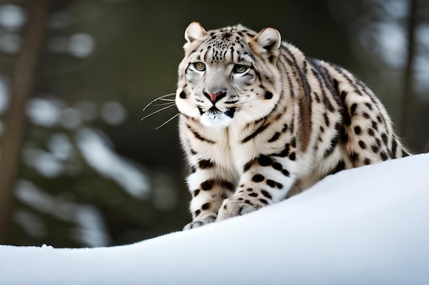 Un leopardo delle nevi si siede su una collina innevata nella neve.