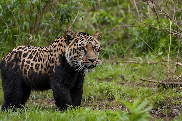 un leopardo è in piedi nell'erba e guarda la telecamera