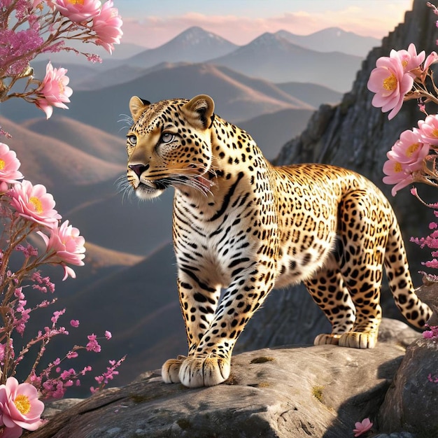 Un leopardo è in piedi su una roccia con fiori rosa e montagna sullo sfondo