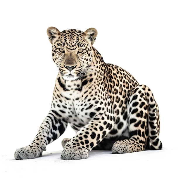 Un leopardo è seduto a terra e la faccia è bianca.