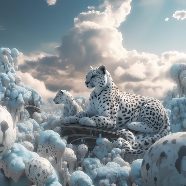 Un leopardo è seduto nelle nuvole e il cielo è blu e bianco