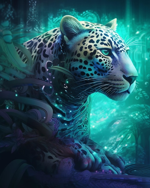 Un leopardo nella giungla con uno sfondo blu