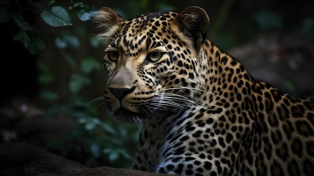 Un leopardo nella giungla con uno sfondo verde