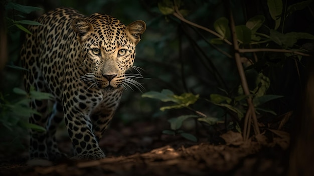 Un leopardo nella giungla di notte