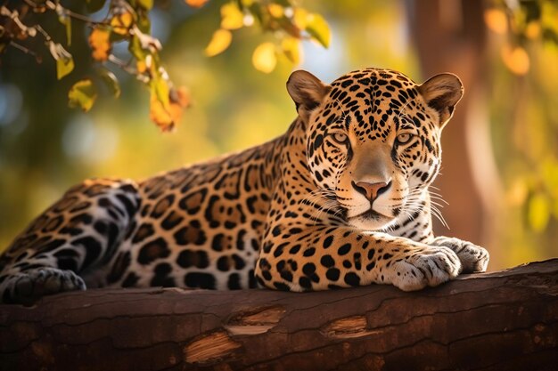 Un leopardo si siede su un ramo di un albero al sole