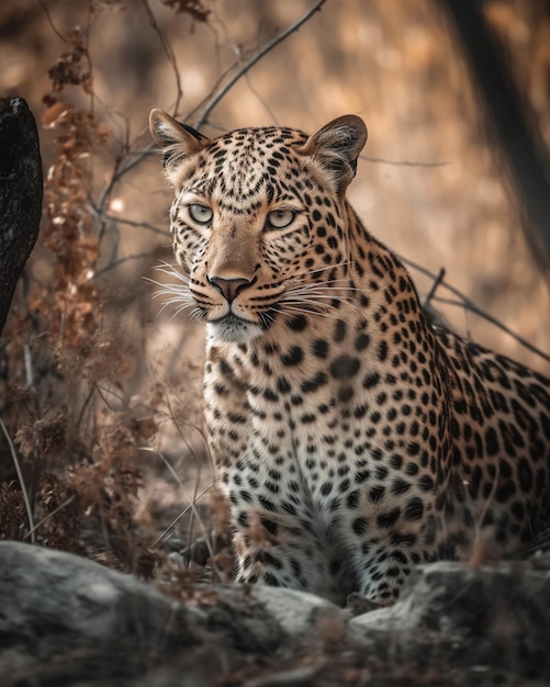 Un leopardo si siede su una roccia nella boscaglia.