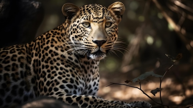 Un leopardo siede all'ombra di un albero.