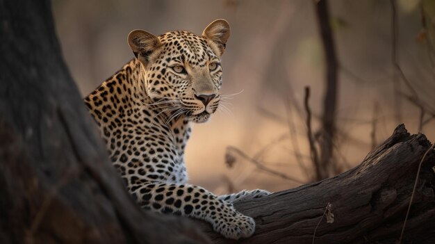 Un leopardo siede su un albero nel parco nazionale del serengeti