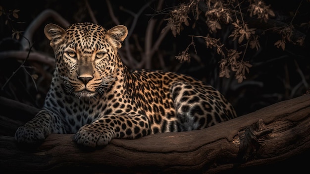 Un leopardo siede su un ramo al buio.