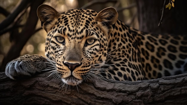 Un leopardo sta guardando sopra un ramo di un albero.