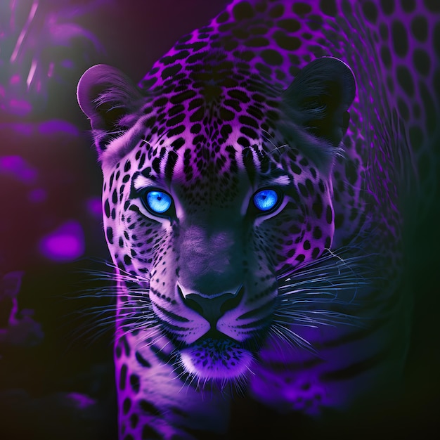 Un leopardo viola e blu con uno sfondo nero e la parola giungla su di esso.