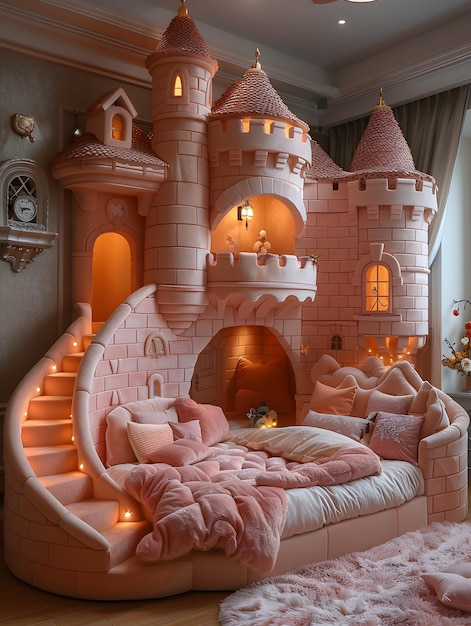 Un letto a forma di castello rosa