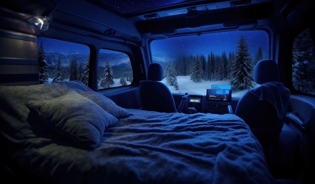 Un letto accogliente con vista sulla montagna innevata sotto il cielo stellato notturno
