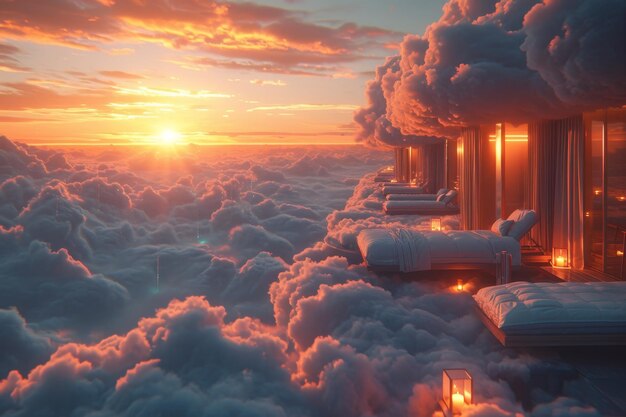 un letto accogliente sopra nuvole soffici illustrazione 3D