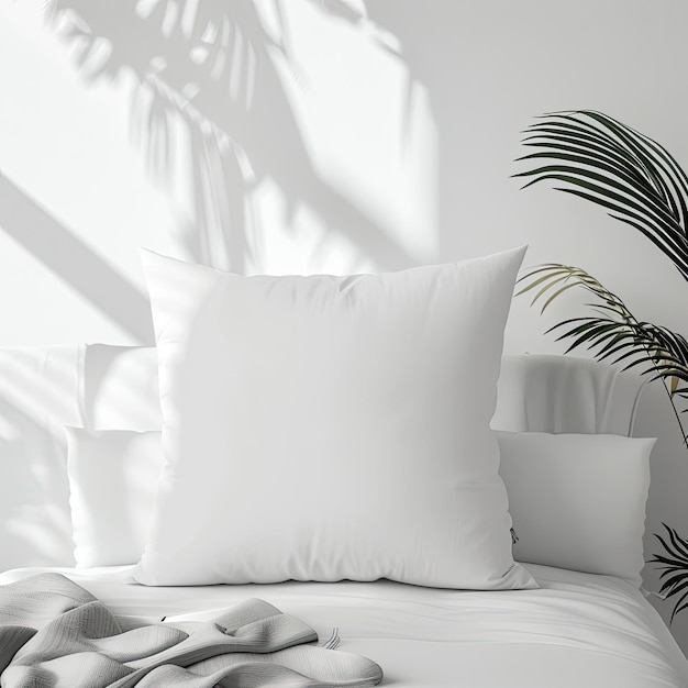 un letto bianco con una pianta e una pianta in vaso su di esso