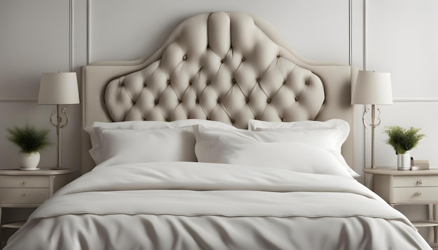 un letto bianco con una testata bianca e cuscini con una testa bianca