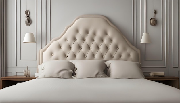 un letto bianco con una testata bianca e quattro cuscini