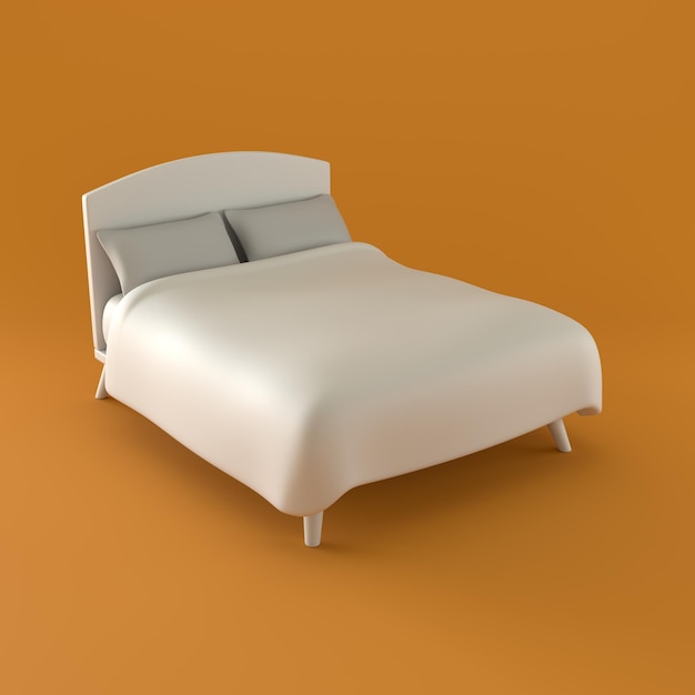 Un letto bianco monocromatico nel rendering 3d di sfondo arancione