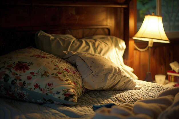 Un letto che ha un mucchio di cuscini su di esso
