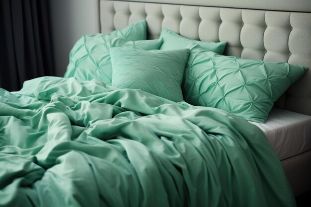 Un letto color menta arruffato sul letto .