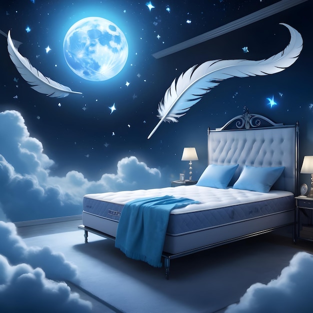 Un letto comodo con la luna e le stelle nel cielo