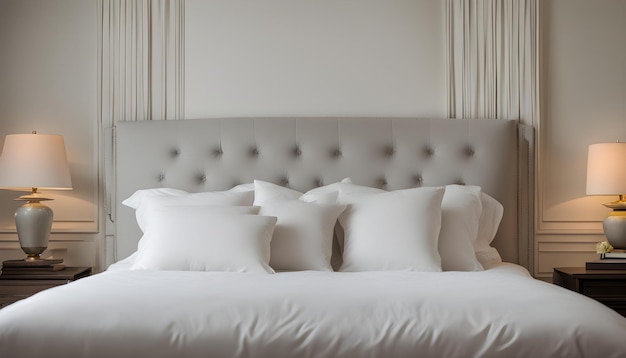 un letto con cuscini bianchi e una testata bianca