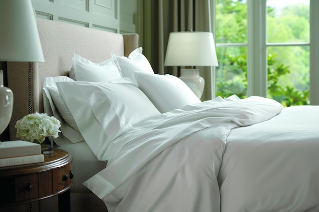Un letto con lenzuola bianca e cuscini e una lampada sul comodino