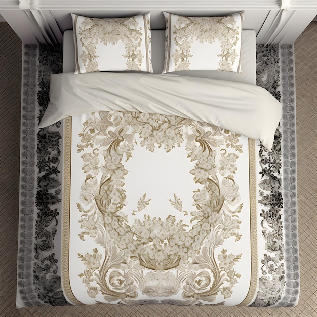 Un letto con lenzuola bianche e oro e testiera bianca.