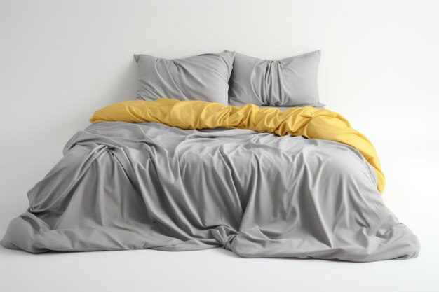 Un letto con lenzuola grigia una coperta e cuscini