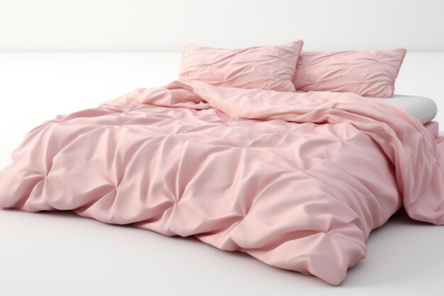 Un letto con lenzuola rosa con una coperta e cuscini