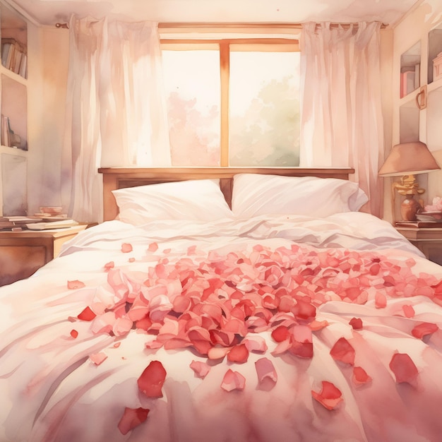 un letto con petali di fiori rosa sopra e un lenzuolo rosa con l'immagine di petali di rosa a forma di cuore