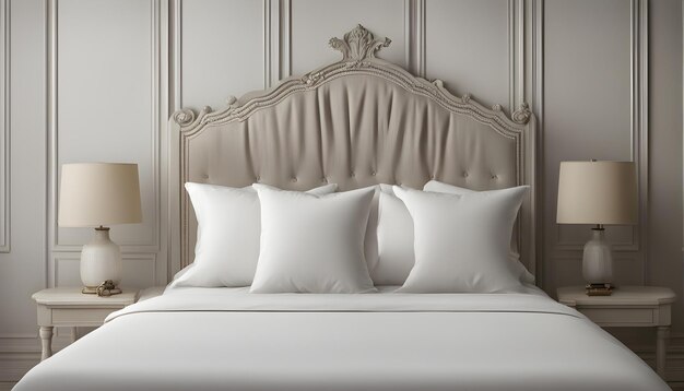 un letto con quattro cuscini su di esso e uno ha una testata bianca
