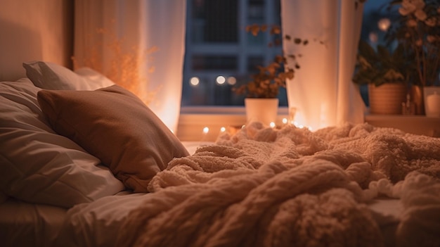 Un letto con sopra una coperta e una finestra illuminata con una candela accesa dietro.