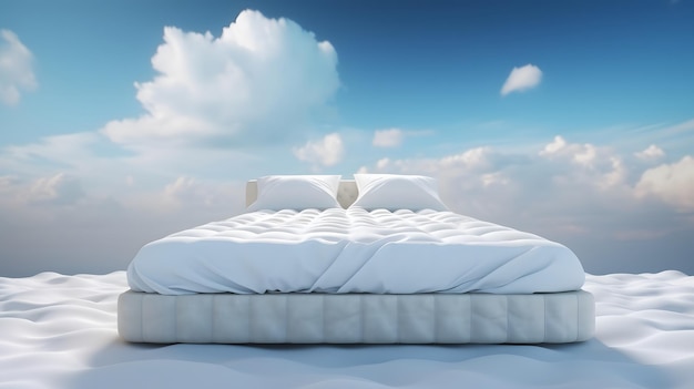 Un letto con un cielo azzurro e nuvole sullo sfondo