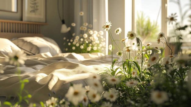 un letto con un lenzuolo bianco e fiori su di esso