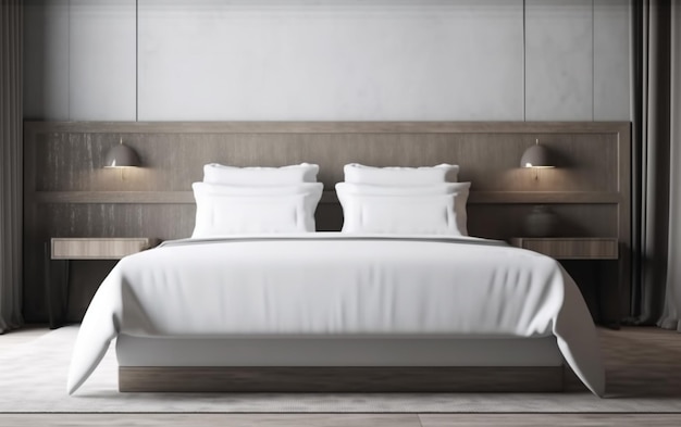 Un letto con un letto bianco e lenzuola bianche è in una camera da letto.