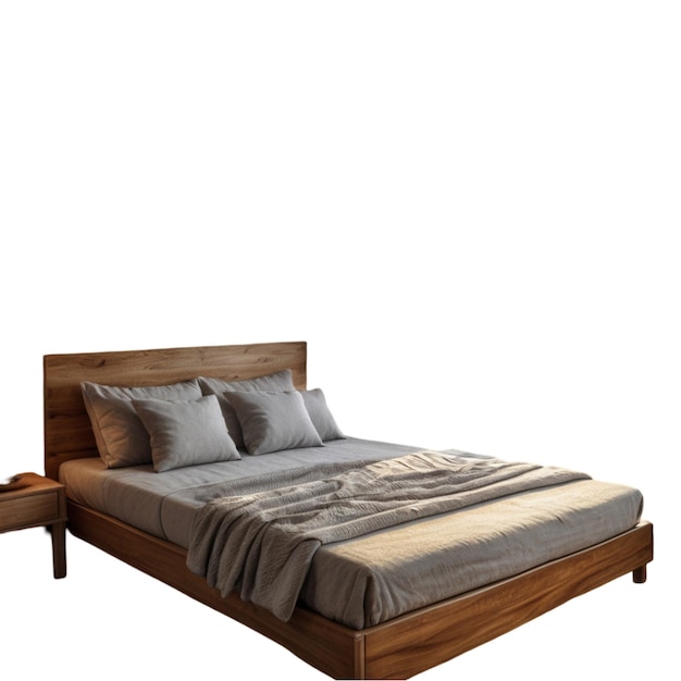 un letto con un telaio di legno e una testata di legno