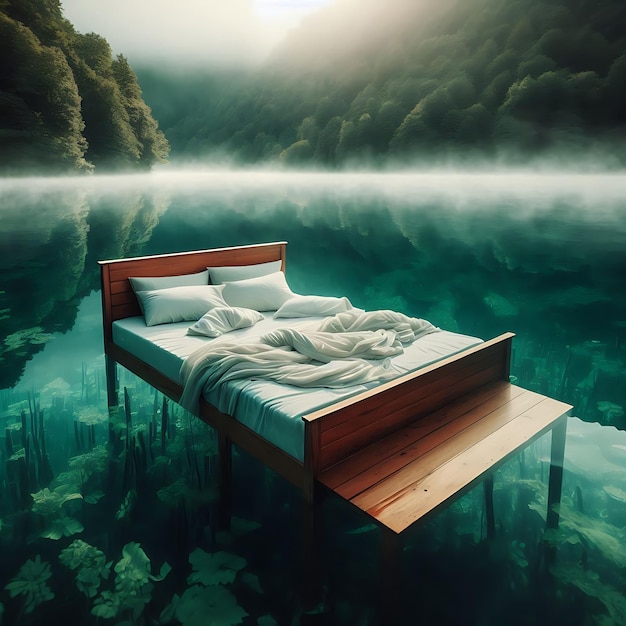 un letto con una cornice di legno che dice "quota in basso a destra"