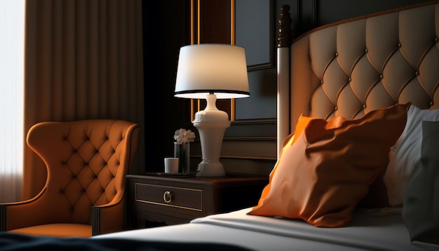 Un letto con una lampada e una lampada sopra