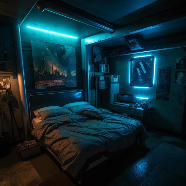 un letto con una luce al neon blu sopra