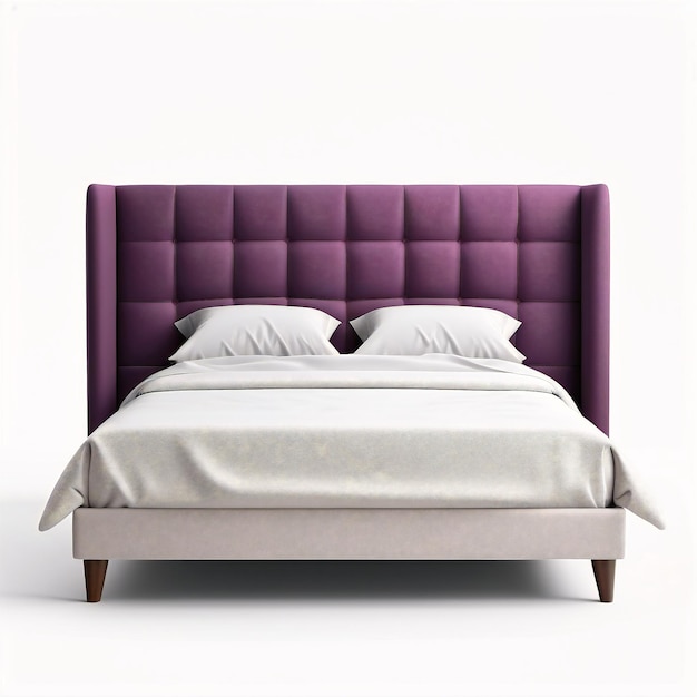 un letto con una testata viola e lenzuola bianca