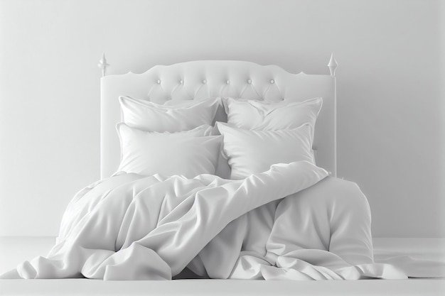 Un letto da camera da letto minimalista con lenzuola bianche pulite, comodi cuscini e una coperta un posto copia AI generativo