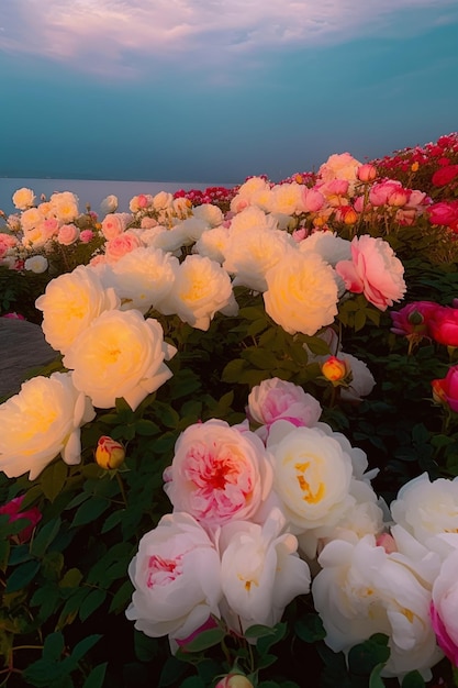 Un letto di fiori con un fiore rosa e bianco sullo sfondo.