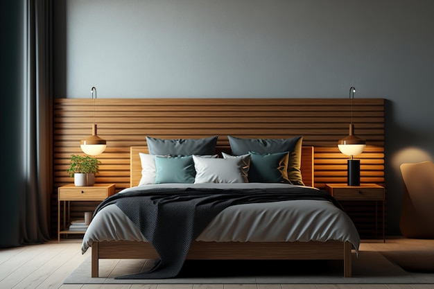 Un letto in legno in una camera contemporanea